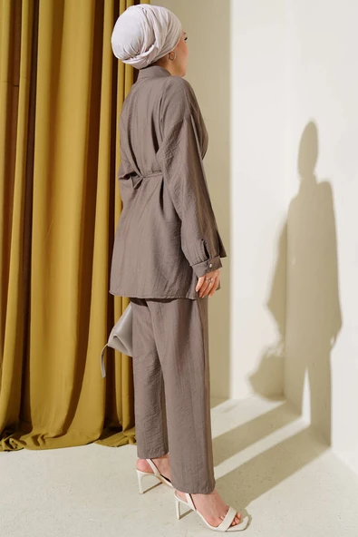 Eteği Fırfırlı İp Kuşaklı İkili Takım Vizon - Resim 3