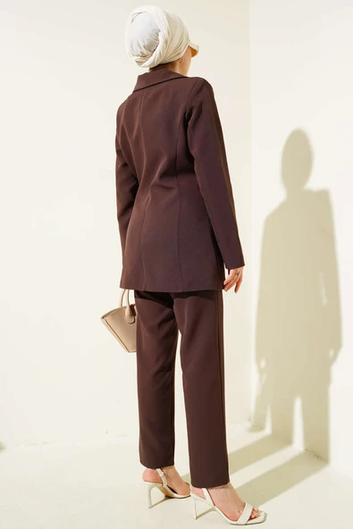 Yanı Bağlamalı Ceketli İkili Takım Kahve - Resim 3