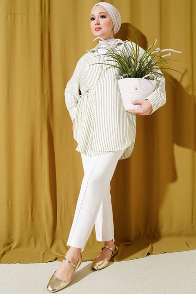 Cepli Çizgili Yandan İp Bağlamalı Kimono Haki - 2