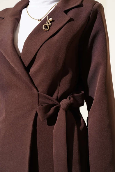 Yanı Bağlamalı Ceketli İkili Takım Kahve - Resim 4