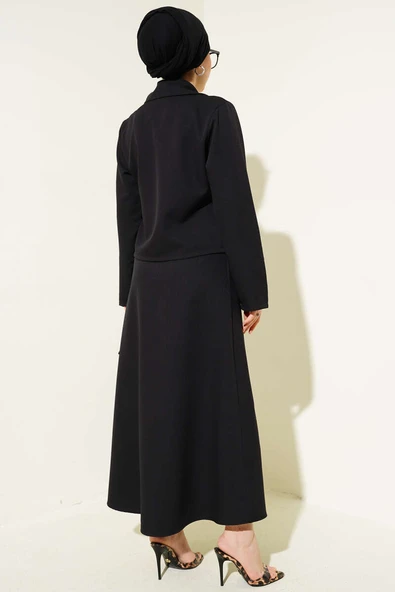 Yandan Bağlamalı Kruvaze Yaka Ceket Takım Siyah - Resim 3