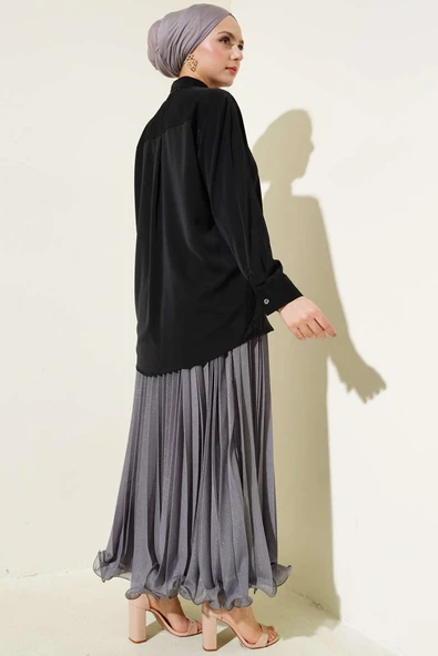 Şifon Basic Gömlek Siyah - Resim 3