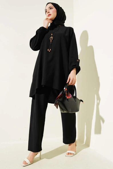 Kol Katlama Detaylı Tunik İkili Takım Siyah ürün görseli 1