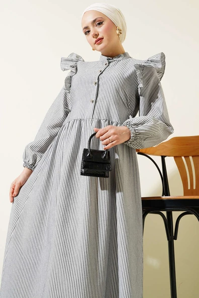 Omuz Fırfırlı Düğmeli Çizgili Gofre Elbise Siyah - Resim 2