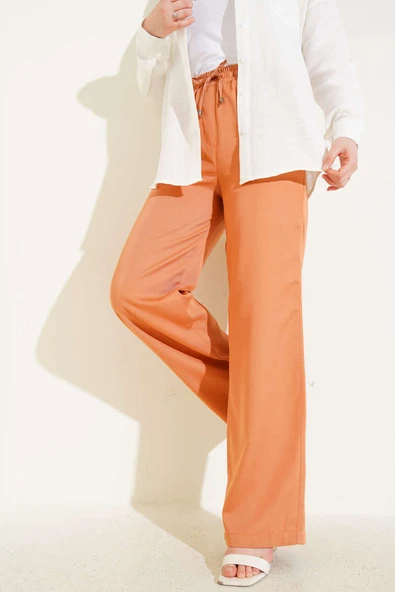 Bel Lastikli İpli Palazzo Pantolon Oranj - Resim 2