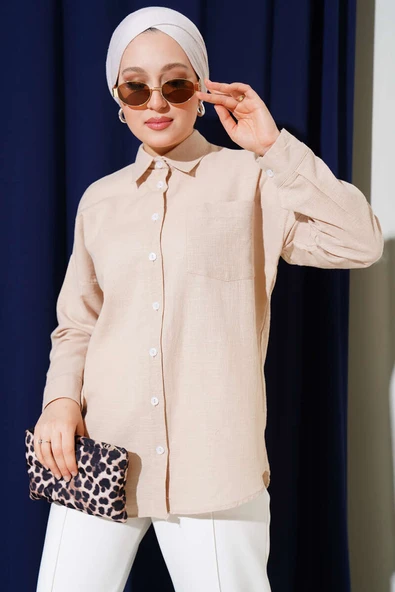 Tek Göğüs Cepli Basic Gömlek Bej - 2