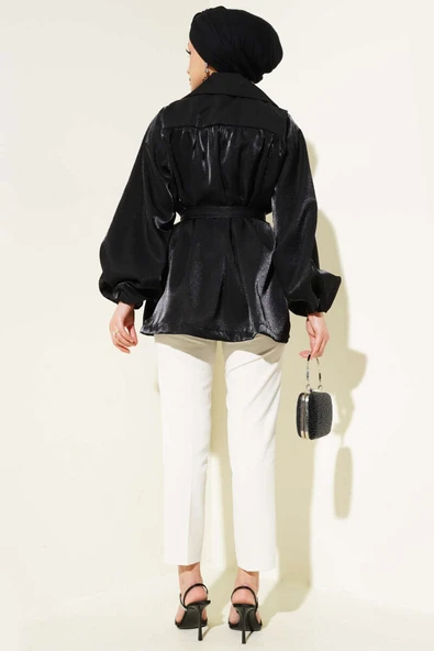 Balon Kol Kuşaklı Parlak Ceket Siyah - 3