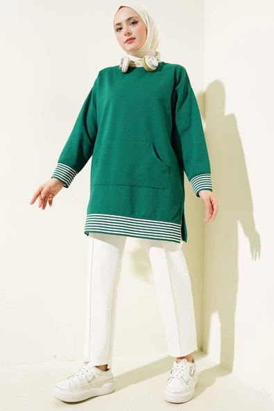 Şerit Ribanalı Kanguru Cepli Tunik Yeşil - Resim 2