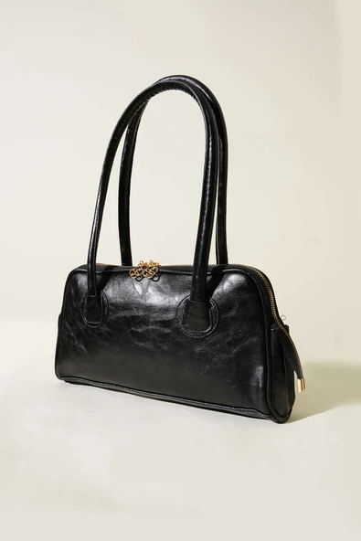 Çift Fermuar Kafalı Dikdörtgen Çanta Siyah ürün görseli 1