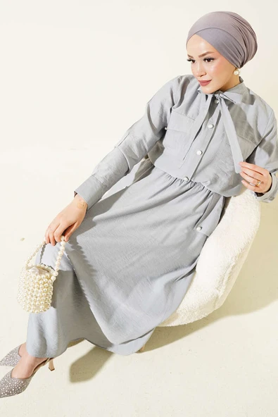 Yaka Bağlamalı Düğmeli Etekli İkili Takım Gri ürün görseli 1