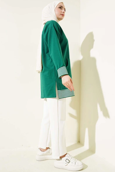 Şerit Ribanalı Kanguru Cepli Tunik Yeşil - Resim 3