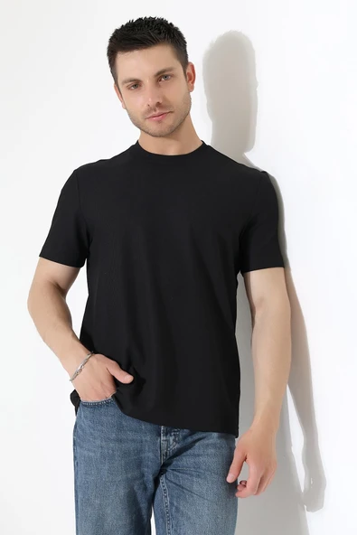 Erkek Fitilli Slim Fit Bisiklet Yaka Düz Renk T-Shirt - 7
