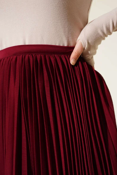 Bel Fermuarlı Şifon Pileli Etek Bordo - 4