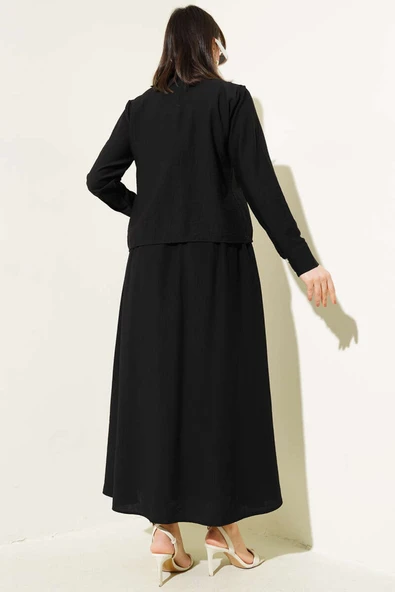 Yaka Bağlamalı Düğmeli Etekli İkili Takım Siyah - Resim 3