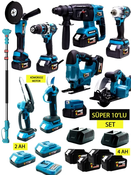 Germany Style Kömürsüz 10'lu Set Teleskopik Kırıcı-Matkap-Dekupaj-Daire Testere-Budama Testeresi-M