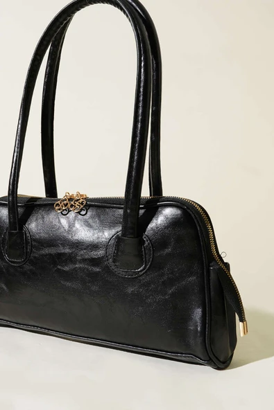 Çift Fermuar Kafalı Dikdörtgen Çanta Siyah - Resim 3