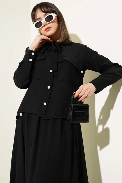 Yaka Bağlamalı Düğmeli Etekli İkili Takım Siyah - Resim 2