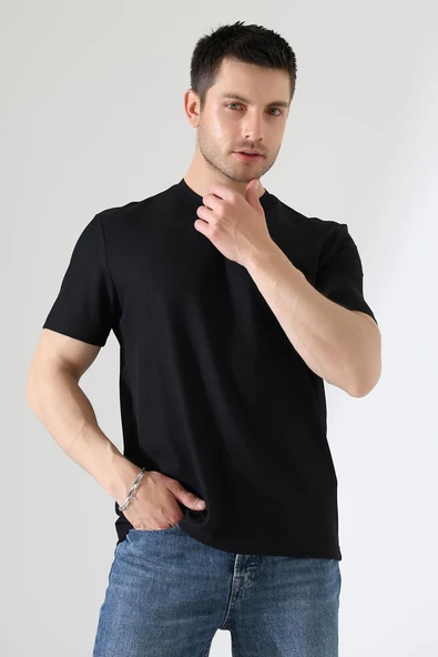 Erkek Fitilli Slim Fit Bisiklet Yaka Düz Renk T-Shirt - 2