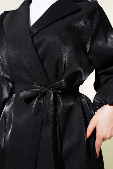 Balon Kol Kuşaklı Parlak Ceket Siyah - 4