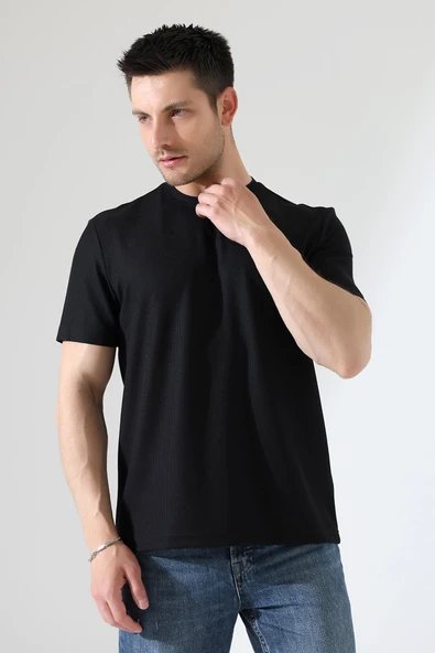 Erkek Fitilli Slim Fit Bisiklet Yaka Düz Renk T-Shirt - 5