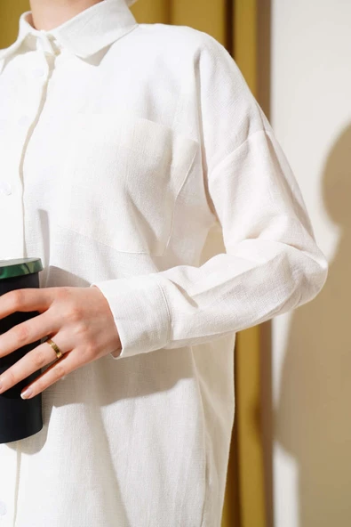 Tek Göğüs Cepli Basic Gömlek Ekru - Resim 4