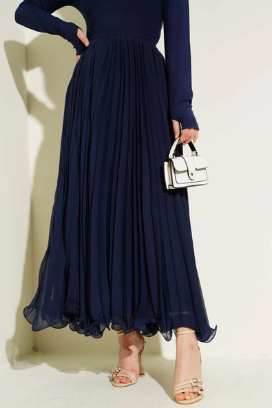 Bel Fermuarlı Şifon Pileli Etek Lacivert - 2