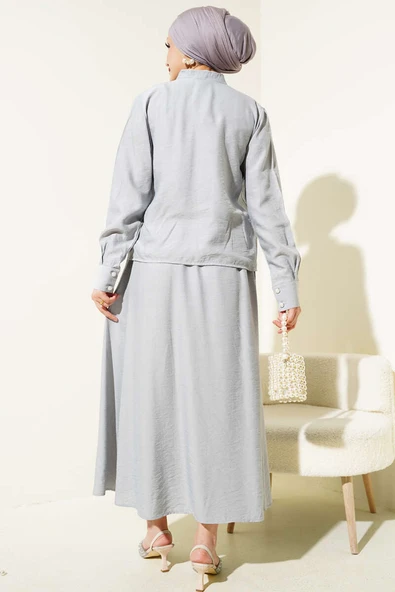 Yaka Bağlamalı Düğmeli Etekli İkili Takım Gri - Resim 3