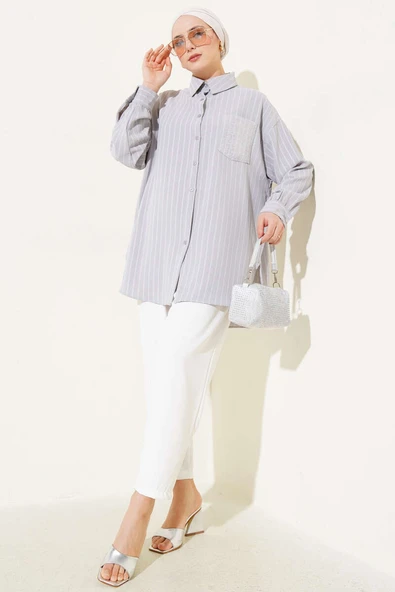 Pul Cepli Çizgili Gömlek Gri - Resim 2