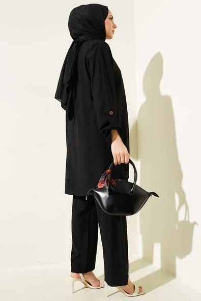 Kol Katlama Detaylı Tunik İkili Takım Siyah - Resim 3
