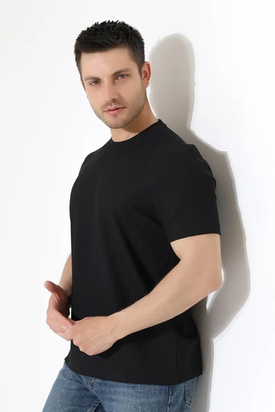 Erkek Fitilli Slim Fit Bisiklet Yaka Düz Renk T-Shirt - 4