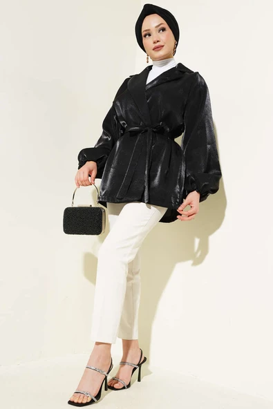 Balon Kol Kuşaklı Parlak Ceket Siyah - 2