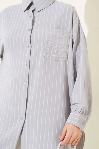 Pul Cepli Çizgili Gömlek Gri - Resim 4