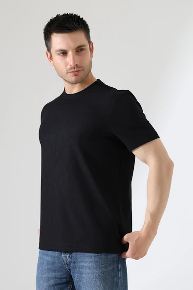 Erkek Fitilli Slim Fit Bisiklet Yaka Düz Renk T-Shirt - 3