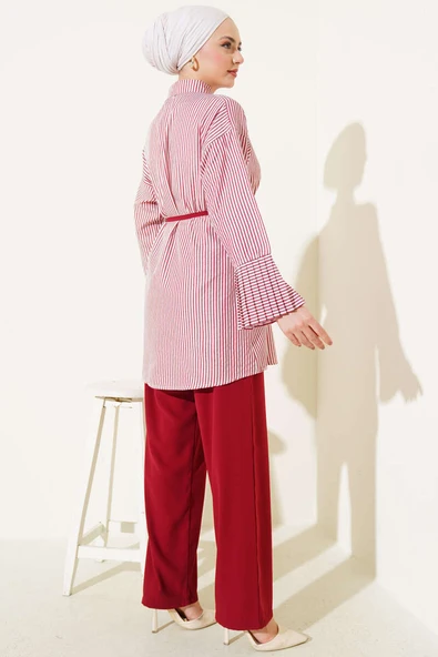 Çizgili Bilek Pileli İkili Takım Bordo - Resim 3