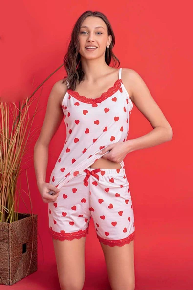 Askılı Kalp Desen Şortlu Pijama Takımı Ekru