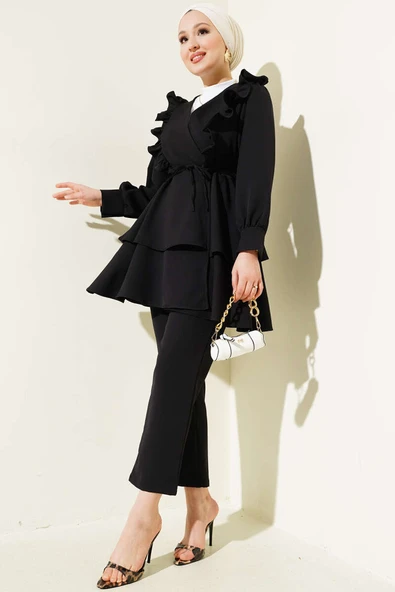 Fırfırlı İp Kuşaklı Tunik İkili Takım Siyah ürün görseli 1