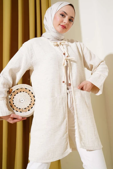 Örgü Biyeli Bağlamalı Keten Kimono Bej ürün görseli 1