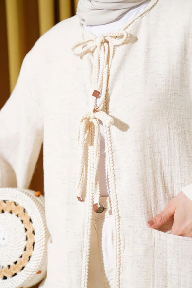 Örgü Biyeli Bağlamalı Keten Kimono Bej - Resim 4
