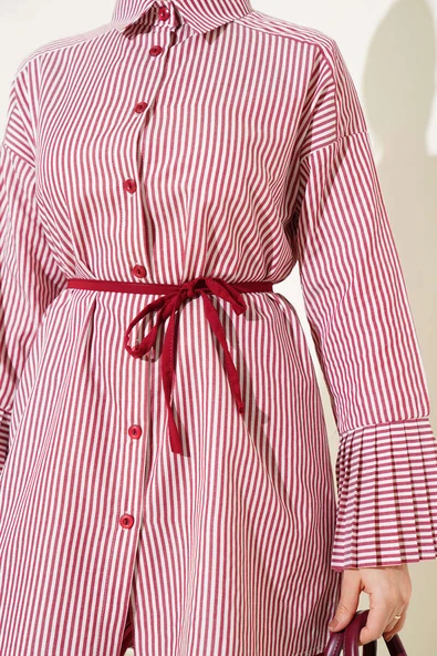 Çizgili Bilek Pileli İkili Takım Bordo - Resim 4