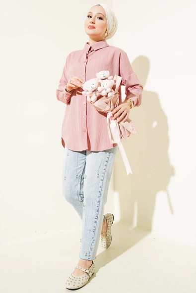 Ağaç Kabuğu Basic Gömlek Pudra - Resim 2