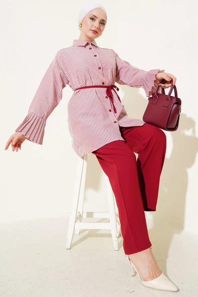 Çizgili Bilek Pileli İkili Takım Bordo ürün görseli 1