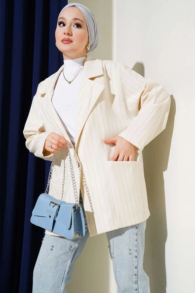 Çizgili Torba Cepli Oversize Ceket Bej