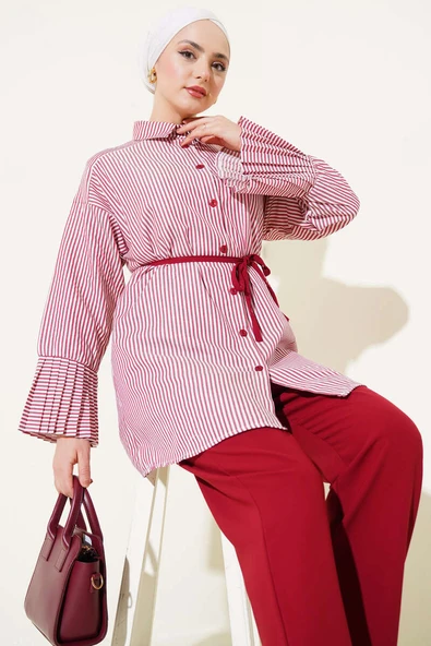 Çizgili Bilek Pileli İkili Takım Bordo - Resim 2