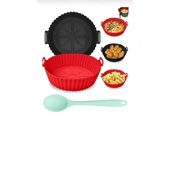 2'li yuvarlak airfrey kabı ve silikon ısıya dayanıklı kaşık 20cm yuvarlak airfrey kabı ve silikon kaşık