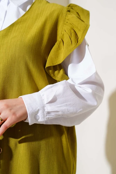 Omuz Fırfırlı Süveterli Üçlü Takım Yağ Yeşili - Resim 4