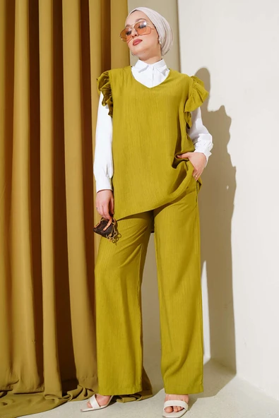 Omuz Fırfırlı Süveterli Üçlü Takım Yağ Yeşili ürün görseli 1