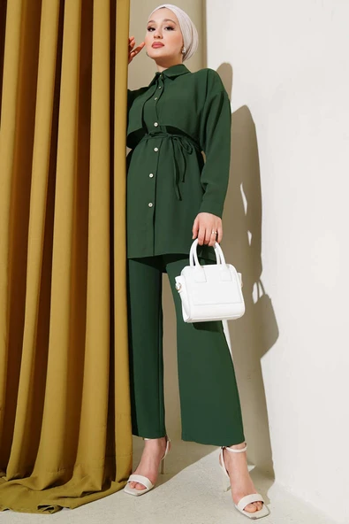 Pelerin Parçalı İp Kuşaklı İkili Takım Yeşil ürün görseli 1