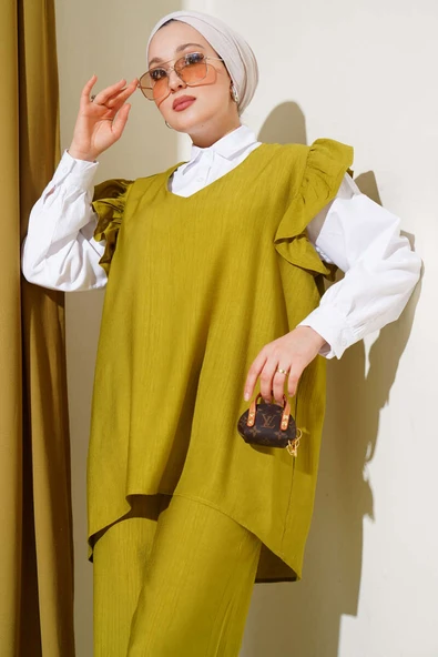 Omuz Fırfırlı Süveterli Üçlü Takım Yağ Yeşili - Resim 2