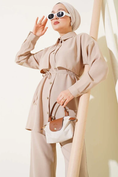 Pelerin Parçalı İp Kuşaklı İkili Takım Bej - Resim 2