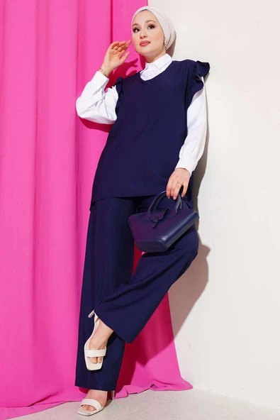 Omuz Fırfırlı Süveterli Üçlü Takım Lacivert ürün görseli 1